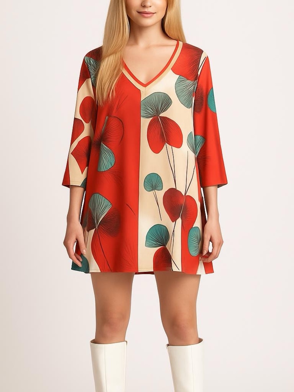 V-Neck Red &‎ Cream Floral Panel Tunic Dress Size 1X